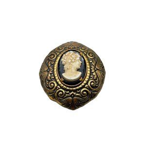 Vintage Faux Cameo Fur Clip Antiqued Gold Tone Eye Shaped Celluloid Older Cameo